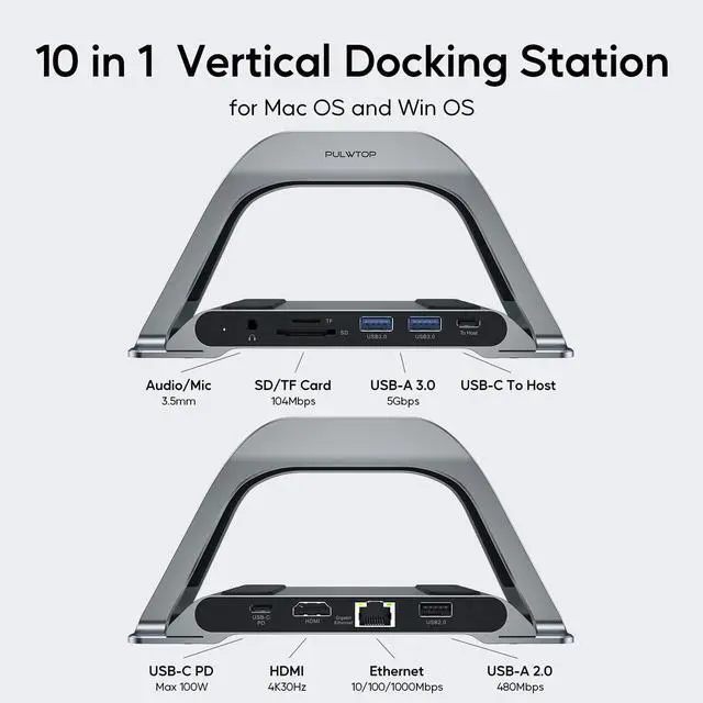 Alt view image 2 of 5 - MacBook Docking Station, PULWTOP USB C Docking Station with Vertical Stand Compatible with MacBook Pro and Air, with 4K HDMI, 3 USB, SD/TF, PD3.0, RJ45 Ethernet, Audio, for HP/Dell/Lenovo laptops
