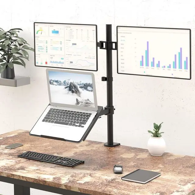 Alt view image 2 of 5 - WALI Dual Monitor Stand, Laptop and Monitor Stand for 2 Screen 1 Laptop Notebook, Extra Tall Desk Mount for Monitor up to 27 inch, Notebook up to 17 inch (M002XLLP), Black