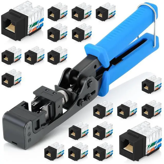 Main image of Everest easyJACK - 90° Angled Speed Termination Keystone Tool Set - with 20-Pack of RJ45 Cat6 Keystone Jacks in Black (Slim Profile Design) - Time Saver Network Punch Down Tool Cat6