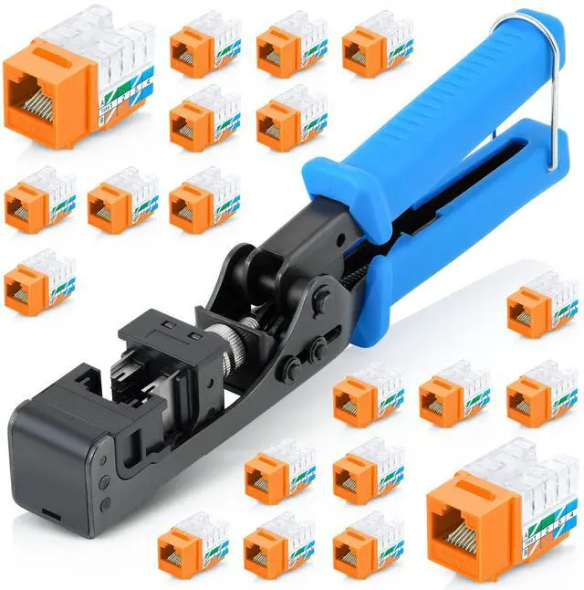 Main image of Everest easyJACK - 90° Angled Speed Termination Keystone Tool Set - with 20-Pack of RJ45 Cat6 Keystone Jacks in Orange (Slim Profile Design) - Time Saver Network Punch Down Tool Cat6