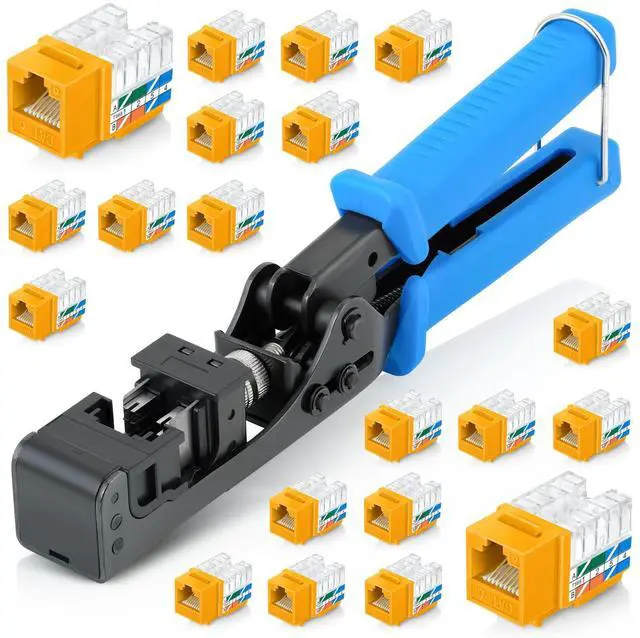 Main image of Everest easyJACK - 90° Angled Speed Termination Keystone Tool Set - with 20-Pack of RJ45 Cat6 Keystone Jacks in Yellow (Slim Profile Design) - Time Saver Network Punch Down Tool Cat6