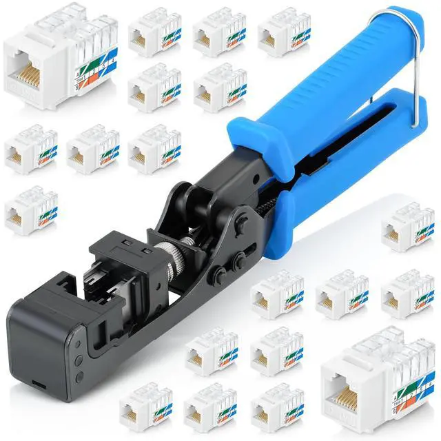 Main image of Everest easyJACK - 90° Angled Speed Termination Keystone Tool Set - with 20-Pack of RJ45 Cat6 Keystone Jacks in White (Slim Profile Design) - Time Saver Network Punch Down Tool Cat6