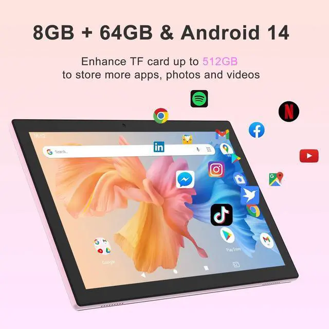 Alt view image 2 of 5 - YQSAVIOR 10" Android 14 Tablet - 8GB RAM, 64GB ROM & 1TB Expandable, 2+8MP Dual Camera, WiFi, Bluetooth, 1280x800 IPS Touch Screen, 6000mAh Battery, GMS Certified - Pink