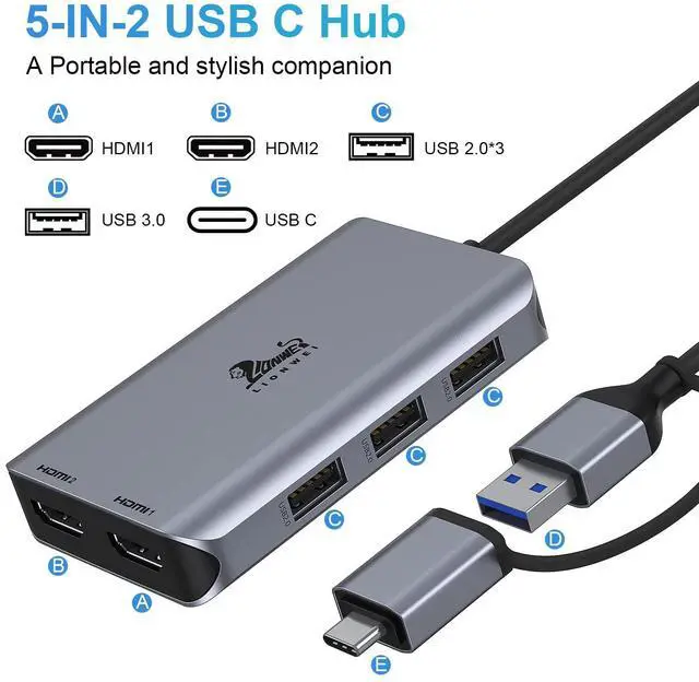 Alt view image 4 of 5 - LIONWEI USB 3.0 to Dual HDMI Docking Station for Windows & macOS, USB C Adapter 2 Monitor Splitter for MacBook Pro/Air/M1/M2/Dell/HP/Lenovo/Surface