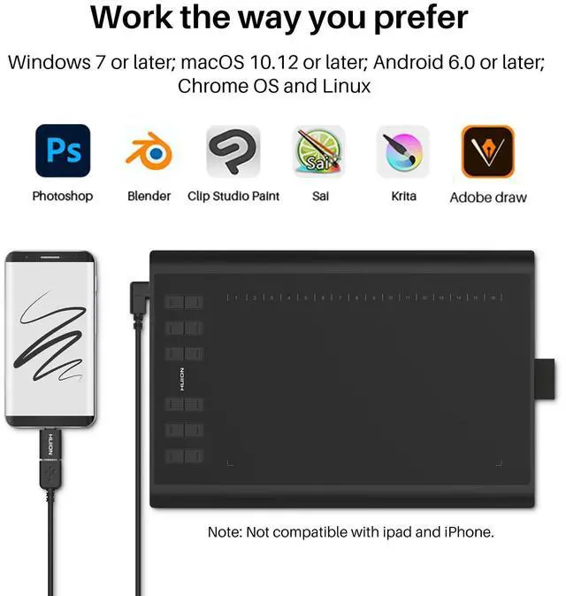 Alt view image 5 of 5 - HUION Inspiroy H1060P Graphics Drawing Tablet with 8192 Pressure Sensitivity Battery-Free Stylus and 12 Customized Hot Keys, 10 x 6.25 inches Digital Art Tablet for Mac, Windows PC and Android