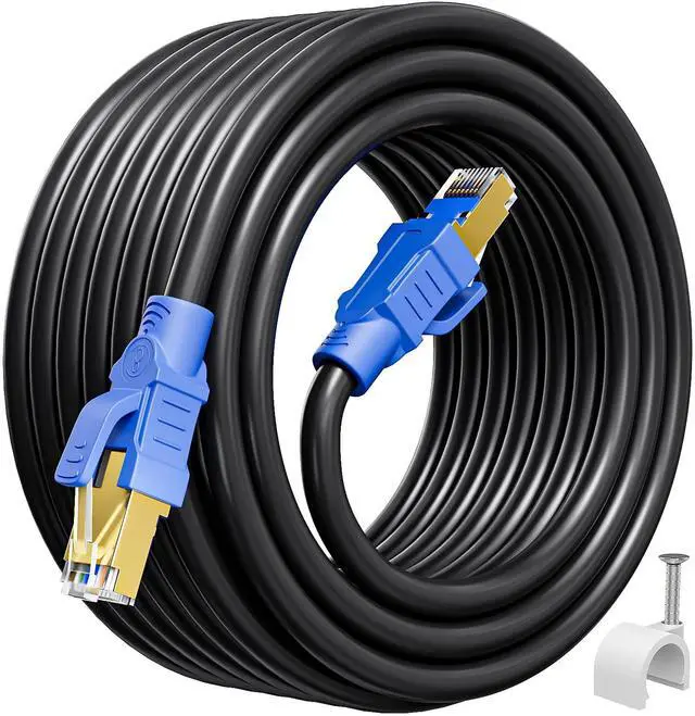 Main image of Cat 8 Ethernet Cable 100ft, Cat 8 Patch Cable High Speed 40Gbps 2000Mhz, 26AWG Heavy Duty with Gold Plated RJ45 Connector, Outdoor&Indoor, Waterproof Cat8 100ft LAN Cable for Router Gaming, 30 Clips