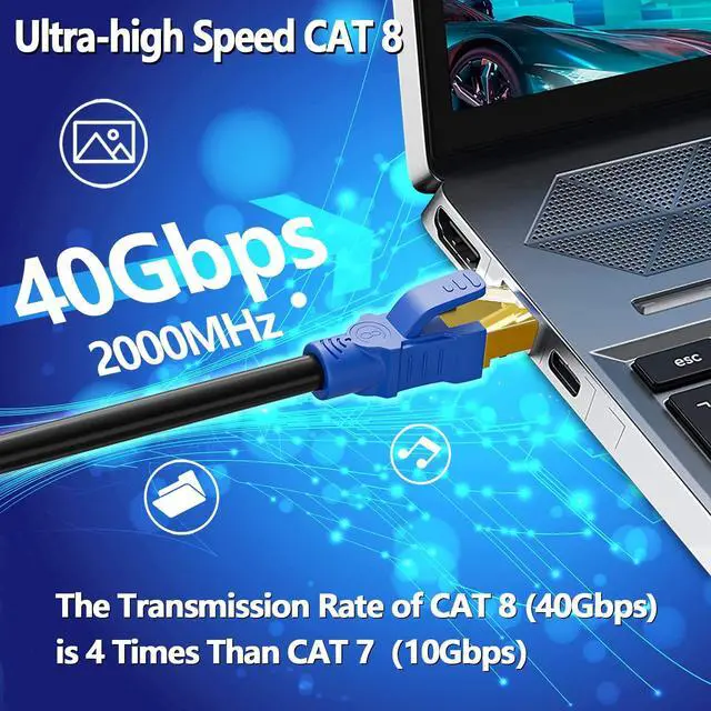 Alt view image 3 of 5 - Cat 8 Ethernet Cable 100ft, Cat 8 Patch Cable High Speed 40Gbps 2000Mhz, 26AWG Heavy Duty with Gold Plated RJ45 Connector, Outdoor&Indoor, Waterproof Cat8 100ft LAN Cable for Router Gaming, 30 Clips