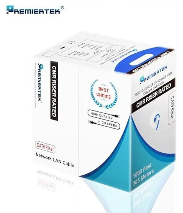 Alt view image 2 of 3 - Premiertek 1000Ft Cat6 23AWG Riser UTP Solid 4-Pairs Network Ethernet LAN Cable Bulk Blue (CAT6-CCA-1KFT-BL)