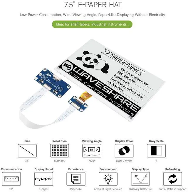 Alt view image 3 of 5 - Waveshare 7.5inch E-Ink Display HAT Compatible with Raspberry Pi 5/4B/3B/Zero/Zero W/Zero 2W/Pico/Pico W/Pico WH, 800×480 Resolution SPI Interface