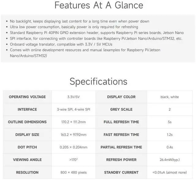 Alt view image 4 of 5 - Waveshare 7.5inch E-Ink Display HAT Compatible with Raspberry Pi 5/4B/3B/Zero/Zero W/Zero 2W/Pico/Pico W/Pico WH, 800×480 Resolution SPI Interface