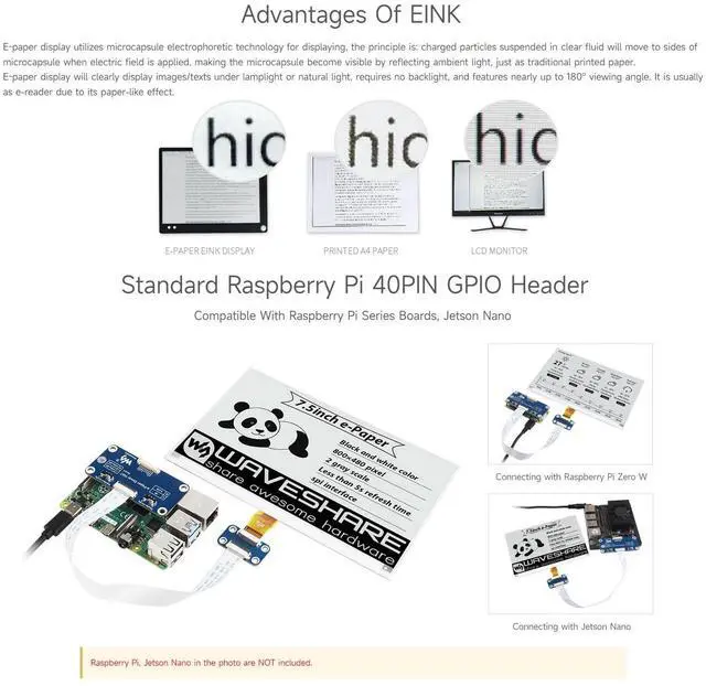 Alt view image 5 of 5 - Waveshare 7.5inch E-Ink Display HAT Compatible with Raspberry Pi 5/4B/3B/Zero/Zero W/Zero 2W/Pico/Pico W/Pico WH, 800×480 Resolution SPI Interface