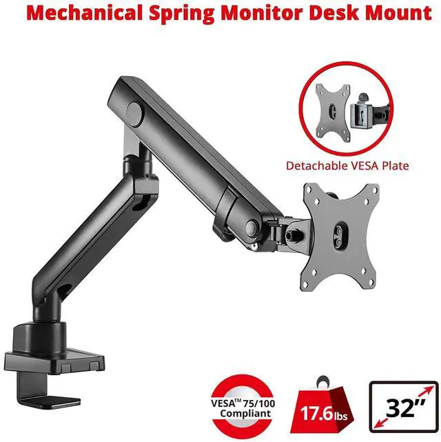 Alt view image 2 of 5 - SIIG Aluminum Mechanical Single Monitor Arm Mount - Height Adjustable Desk Mount for 17in to 32in Screens - 17.6lbs Max VESA 75x75mm 100x100mm, Black