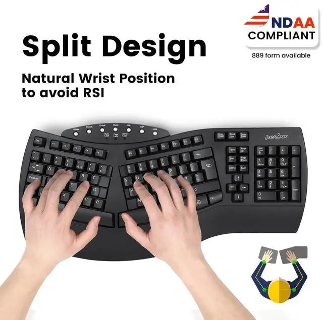 Alt view image 2 of 5 - Perixx Periboard-612B Wireless Ergonomic Split Keyboard with Dual Mode 2.4G and Bluetooth Feature, Compatible with Windows 10 and Mac OS X System, Black, US English Layout