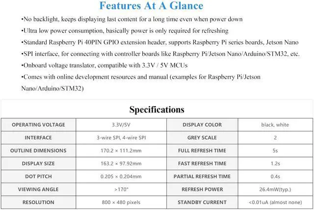 Alt view image 4 of 5 - 7.5inch E-Ink Display HAT Compatible with Raspberry Pi 5/4B/3B+/Zero/Zero W/Zero 2W/Pico/Pico W/Pico 2/Pico 2W/Jetson Nano, 800×480 Resolution SPI Interface,Black White Two-Color SPI Interface E-Paper