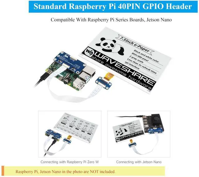Alt view image 5 of 5 - 7.5inch E-Ink Display HAT Compatible with Raspberry Pi 5/4B/3B+/Zero/Zero W/Zero 2W/Pico/Pico W/Pico 2/Pico 2W/Jetson Nano, 800×480 Resolution SPI Interface,Black White Two-Color SPI Interface E-Paper