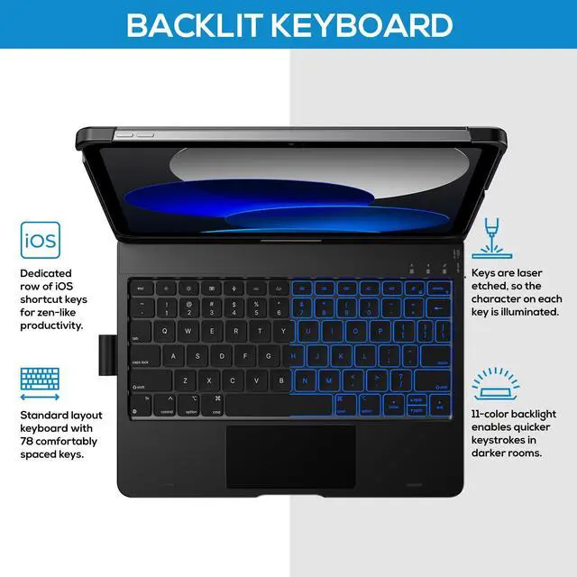 Alt view image 3 of 5 - typecase Touch iPad 10th Generation Case with Keyboard (10.9", 2022) and iPad A16 (11th Gen, 2025)  360° Rotatable, 11-Color Backlit, Multi-Touch Trackpad, Thin & Light (Black)