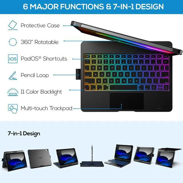 Alt view image 4 of 5 - typecase Touch iPad 10th Generation Case with Keyboard (10.9", 2022) and iPad A16 (11th Gen, 2025)  360° Rotatable, 11-Color Backlit, Multi-Touch Trackpad, Thin & Light (Black)