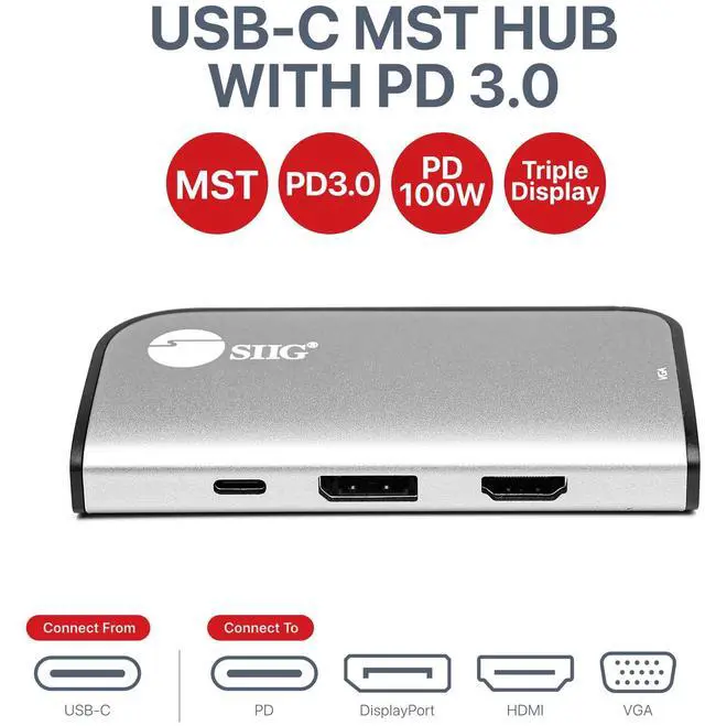 Alt view image 2 of 5 - SIIG USB-C MST Hub with PD 3.0, USB-C to DP/HDMI/VGA, Single 4K30+Dual 1080p or Triple 1080p Video outputs, PD 100W, for Windows and Chromebook laptops (DP Alt Mode) NOT for Mac OS (CB-TC0G11-S1)