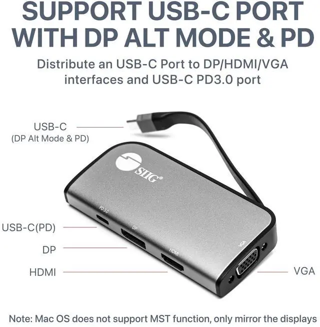 Alt view image 3 of 5 - SIIG USB-C MST Hub with PD 3.0, USB-C to DP/HDMI/VGA, Single 4K30+Dual 1080p or Triple 1080p Video outputs, PD 100W, for Windows and Chromebook laptops (DP Alt Mode) NOT for Mac OS (CB-TC0G11-S1)