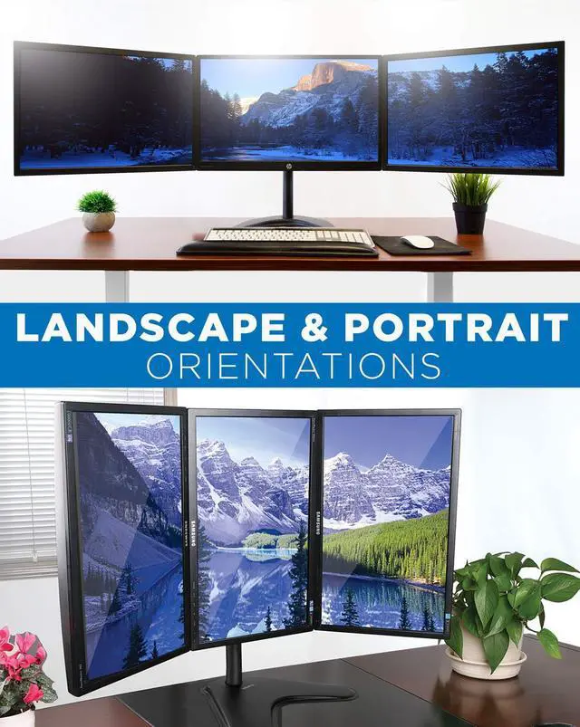 Alt view image 2 of 5 - Mount-It! Triple Monitor Stand | 3 Monitor Stand Fits 19 20 21 22 23 24 Inch Computer Screens | Free Standing Base | Three Heavy Duty Full Motion Adjustable Arms | VESA Compatible