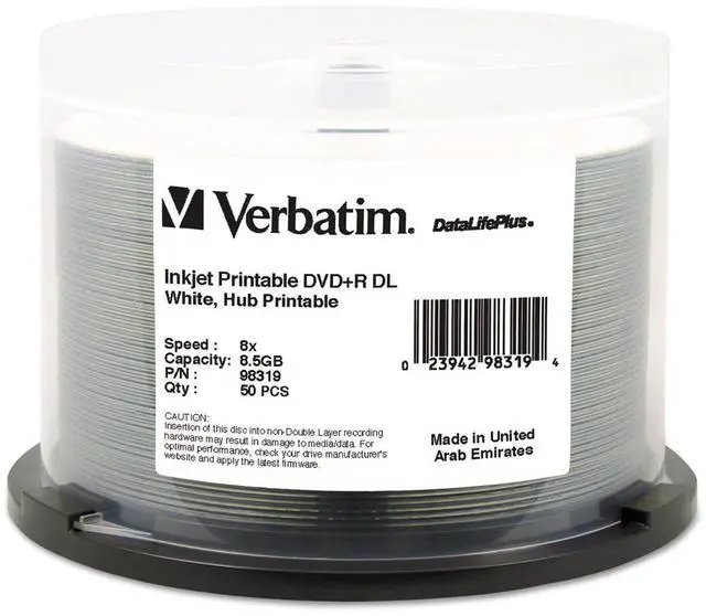 Main image of Verbatim 98319 DVD+R Dual Layer Recordable Disc, 8.5GB, 8X, Printable, Spindle, 50/Pk