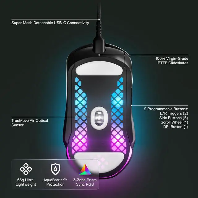 Alt view image 3 of 5 - SteelSeries Aerox 5 - Holey RGB Gaming Mouse - Ultra-lightweight Water Resistant Design - 18K DPI TrueMove Air Optical Sensor