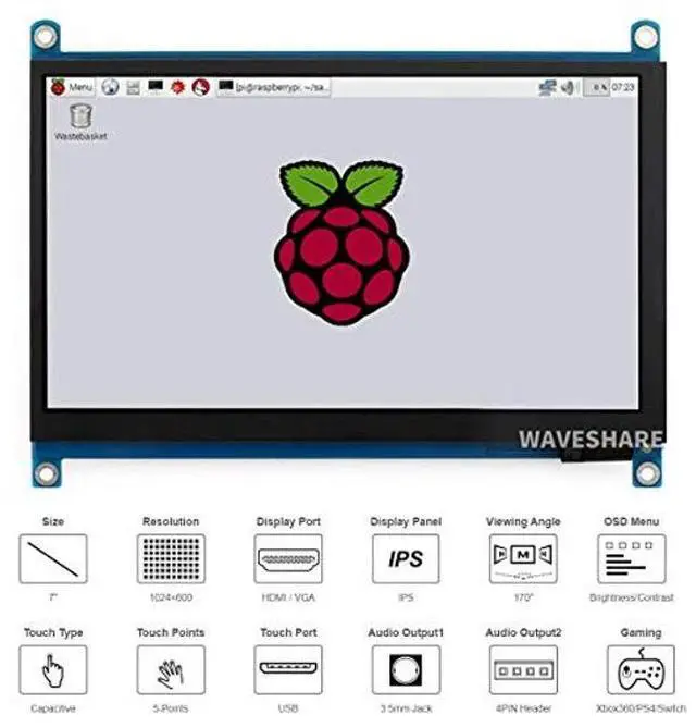Main image of 7inch HDMI LCD (H) Display Capacitive Touch Screen 1024x600 IPS LCD HDMI Module Compatible with Raspberry Pi, Jetson Nano,BB Black, Banana Pi Support Microsoft XBOX360 and Nintendo Switch