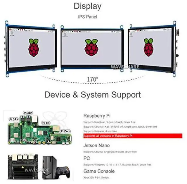 Alt view image 4 of 5 - 7inch HDMI LCD (H) Display Capacitive Touch Screen 1024x600 IPS LCD HDMI Module Compatible with Raspberry Pi, Jetson Nano,BB Black, Banana Pi Support Microsoft XBOX360 and Nintendo Switch