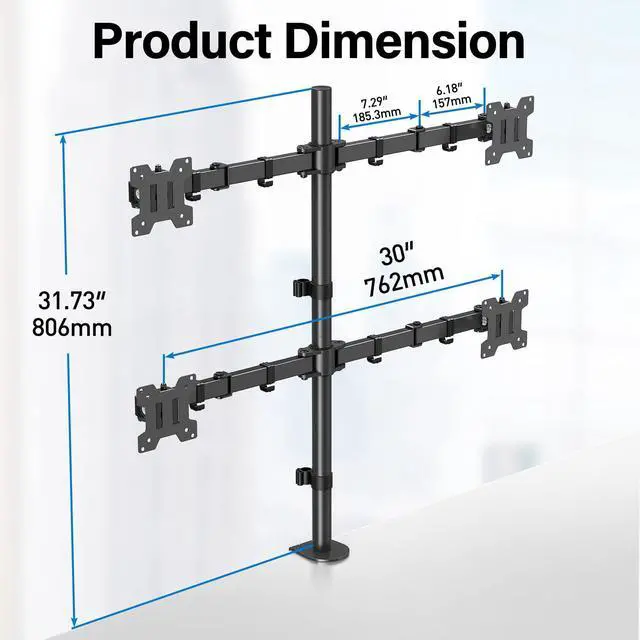 Alt view image 4 of 5 - MOUNTUP Quad Monitor Stand, 4 Monitors Desk Mount for 13 to 32 inch Computer Screens, Fully Adjustable Stacked Mount with Tilt Swivel, 4 Heavy Duty Monitor Mount, Holds up to 17.6lbs per Arm, MU3007
