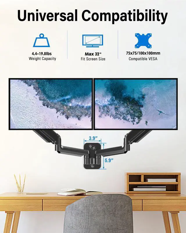 Alt view image 2 of 5 - MOUNTUP Dual Monitor Wall Mount for 2 Max 32 Inch Computer Screen, Fully Adjustable Gas Spring Double Monitor Arm, Wall Mounted Monitor Holder Support 4.4-19.8lbs Display, VESA Bracket 75x75, 100x100