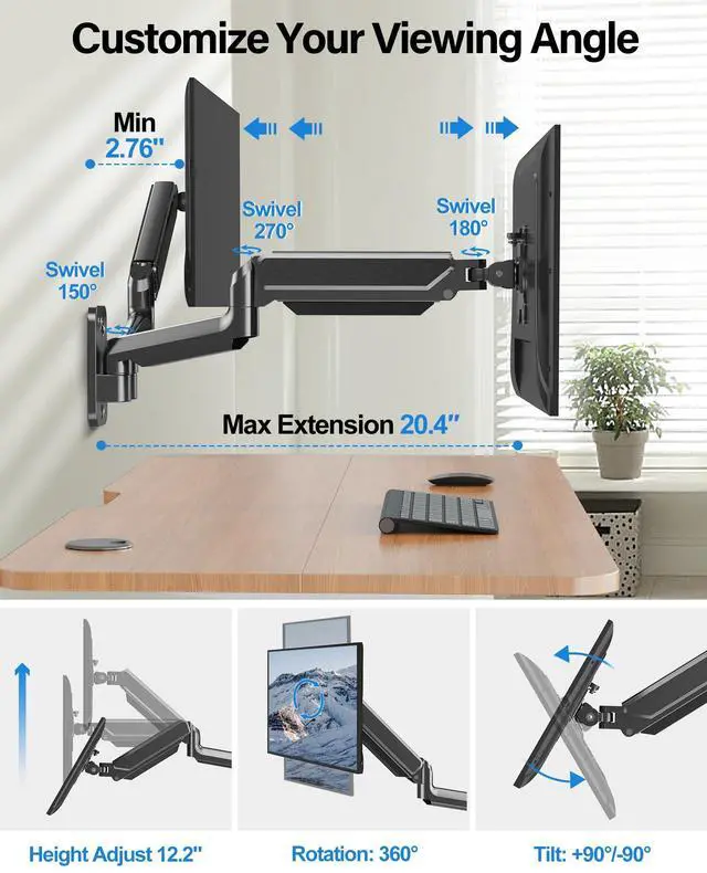 Alt view image 3 of 5 - MOUNTUP Dual Monitor Wall Mount for 2 Max 32 Inch Computer Screen, Fully Adjustable Gas Spring Double Monitor Arm, Wall Mounted Monitor Holder Support 4.4-19.8lbs Display, VESA Bracket 75x75, 100x100