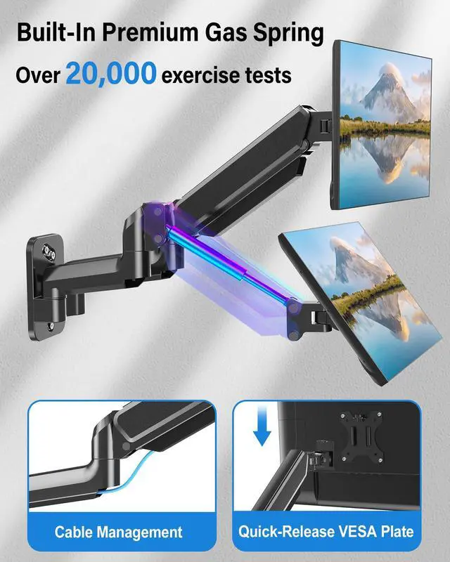 Alt view image 5 of 5 - MOUNTUP Dual Monitor Wall Mount for 2 Max 32 Inch Computer Screen, Fully Adjustable Gas Spring Double Monitor Arm, Wall Mounted Monitor Holder Support 4.4-19.8lbs Display, VESA Bracket 75x75, 100x100