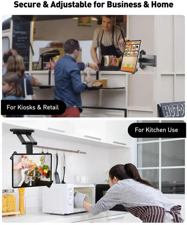 Alt view image 2 of 5 - AboveTEK Tablet Wall Mount - 360° Rotation Tablet Holder Stand with Extension Arm, Anti-Theft Kitchen Mount Fits 7"-11" Tablets Including iPad Pro/Air/Mini, Galaxy Tab - Security Lock & Key - (Black)