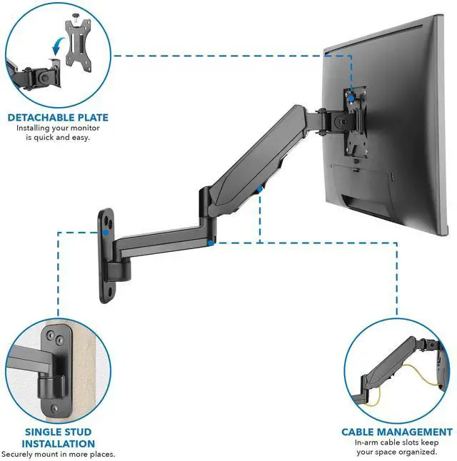 Alt view image 3 of 5 - Mount-It! Monitor Wall Mount with Full Motion Gas Spring Arm | Height Adjustable Bracket for Flat Panel Screens Up to 32" | Fits VESA 75 and 100, 17.6 Lbs Capacity, Black
