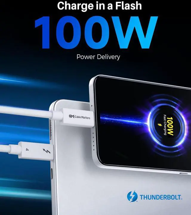 Alt view image 4 of 5 - Cable Matters [Intel Certified] 40Gbps Active Thunderbolt 4 Cable 6.6 ft with 100W Charging and 8K Video in White - Fully Compatible with USB C/USB-C, USB 4 / USB4, and Thunderbolt 3