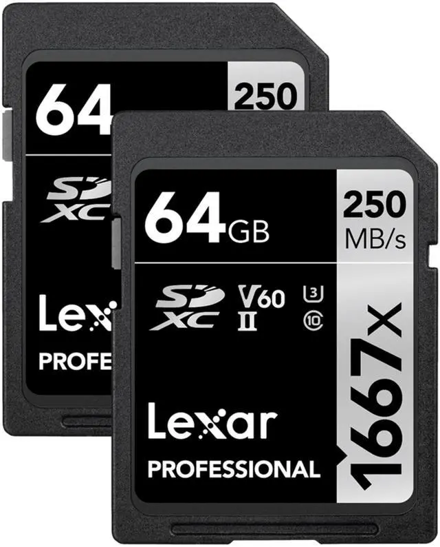 Main image of Lexar 64GB (2-Pack) Professional 1667x SD Card, UHS-II, C10, U3, V60, Full HD, 4K, Up To 250MB/s Read SDXC Memory Card, for Professional Photographer, Videographer, Enthusiast (LSD64GCBNA16672)