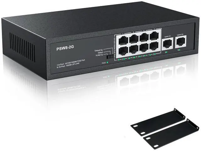 Main image of 8 Port Full Gigabit PoE+ Switch with Rack Mount Ears, with 2 Gigabit Uplink Ports Up to 30W Per Port, Total Budget 120W, 48 Volt 802.3af/at Compliant, Compatible with PoE IP Cameras VOIP Phones