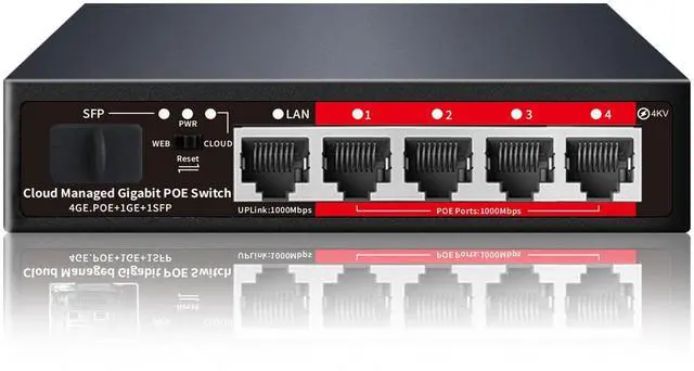 Main image of Poe Switch, 5 Port Gigabit PoE+ Switch, Cloud Managed Gigabit Ethernet Switch, 4 Poe Ports @52W, 1 Uplink Ports, 1 SFP Slot, APP Smart Managed, Overload Protection w/ Port