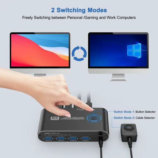 Alt view image 5 of 5 - 8K KVM Switch DisplayPort 144Hz 240Hz - Dual Monitor Switcher for 2 PC 1 Keyboard, 4K@60Hz with Thunderbolt 4 Support for GamingAudio & 4 Port USB 3.0 Hub