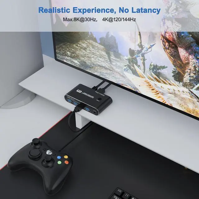 Alt view image 4 of 5 - 8K KVM Switch DisplayPort 144Hz 240Hz - Dual Monitor Switcher for 2 PC 1 Keyboard, 4K@60Hz with Thunderbolt 4 Support for GamingAudio & 4 Port USB 3.0 Hub