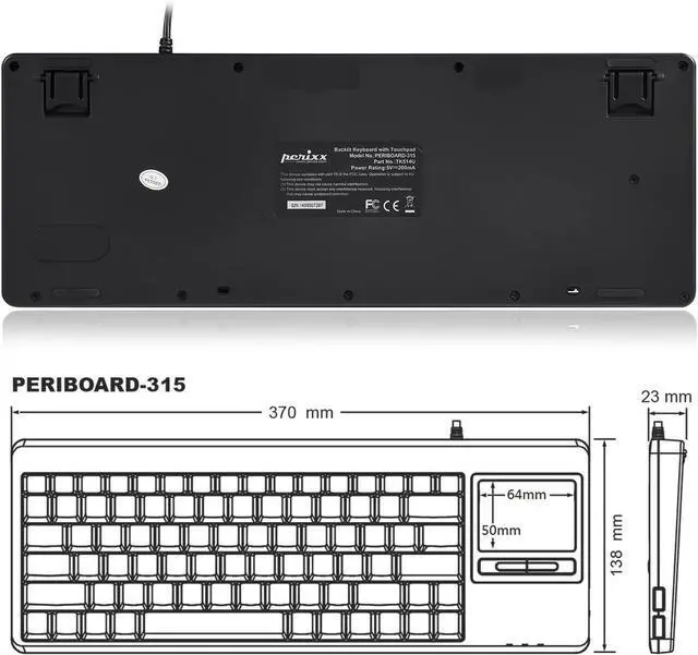 Alt view image 3 of 5 - Perixx PERIBOARD-315H, Wired USB Backlit Keyboard with Touchpad and 2 USB Ports, Black (10917)