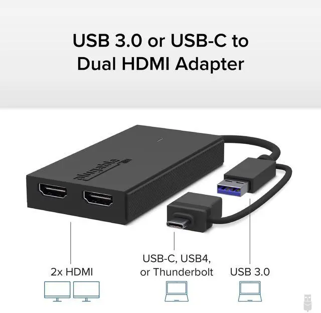 Alt view image 2 of 5 - Plugable Dual Monitor Adapter for M1/M2/M3/M4 macOS Systems, Windows, ChromeOS. Broad Compatibility - Thunderbolt, USB-C, USB 3.0 to HDMI Adapter for Dual Monitors 1920x1080 @60Hz, SMI Driver Required