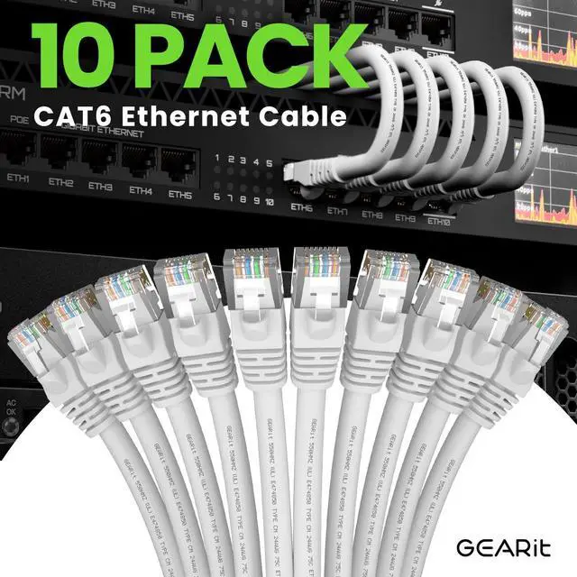 Alt view image 2 of 5 - GEARit Cat 6 Ethernet Cable (10-Pack 15 Feet) Cat6 Network Patch, 10Gbps, RJ45, Snagless Cord, Gold-Plated Connectors, Internet for PC, TV, Tablet, Router, Printer, Servers, IT Data Center - White