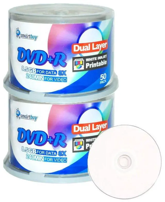 Main image of Smart Buy 100 Pack DVD+r Dl 8.5gb 8X DVD Plus R Double Layer Printable White Inkjet Blank Data Recordable Media 100 Discs Spindle