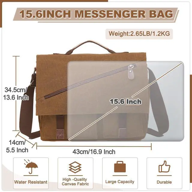 Alt view image 2 of 5 - RAVUO Canvas Messenger Bag,15.6 Inch Mens Satchel Water Resistant Briefcases Vintage Shoulder Bag for College Business