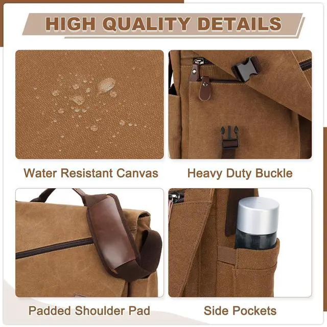 Alt view image 3 of 5 - RAVUO Canvas Messenger Bag,15.6 Inch Mens Satchel Water Resistant Briefcases Vintage Shoulder Bag for College Business