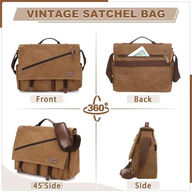 Alt view image 5 of 5 - RAVUO Canvas Messenger Bag,15.6 Inch Mens Satchel Water Resistant Briefcases Vintage Shoulder Bag for College Business