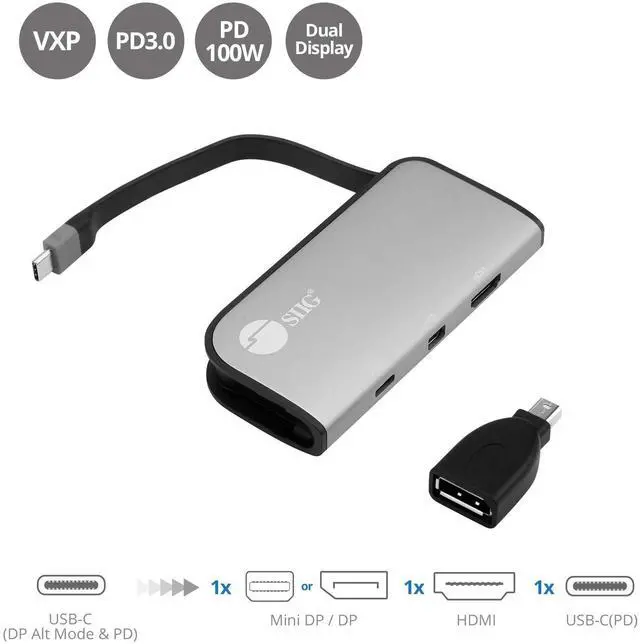 Alt view image 2 of 5 - SIIG USB-C to Mini DisplayPort & HDMI VXP Adapter with PD 3.0, 100W PD, Combine Two Monitor to One 3840x1080 Video Wall, Compatible with Windows/Mac, DP Alt Mode Required (CB-TC0H11-S1)
