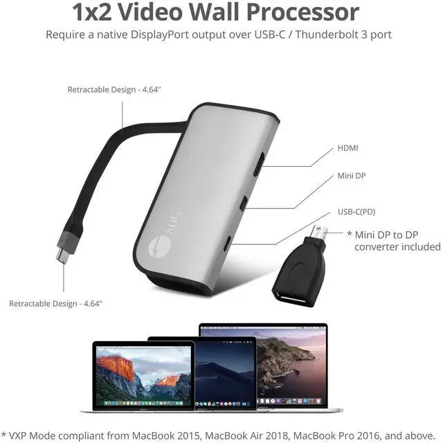 Alt view image 3 of 5 - SIIG USB-C to Mini DisplayPort & HDMI VXP Adapter with PD 3.0, 100W PD, Combine Two Monitor to One 3840x1080 Video Wall, Compatible with Windows/Mac, DP Alt Mode Required (CB-TC0H11-S1)