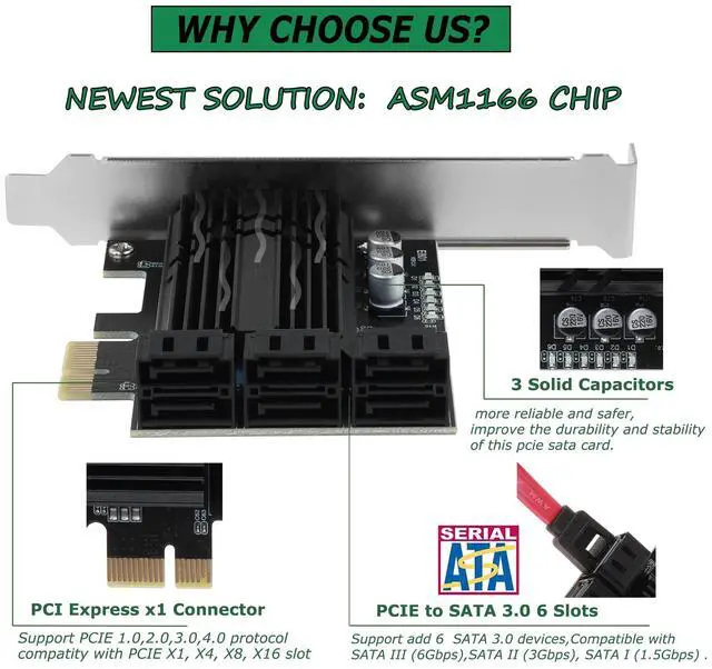 Alt view image 3 of 5 - ASM1166 PCIe X1 SATA Card 6 Ports, Non Raid, Joylifeboard PCIE SATA III Controller Expansion Card 6 Gbps, Support 6 SATA 3.0 Devices, PCIe SATA Card with 6 SATA Cables+Thin Bracket